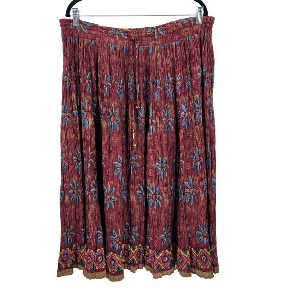 Vintage Petite Midi Skirt XLP Maroon Crinkle Cotton Floral India Boho Gypsy - Picture 1 of 10